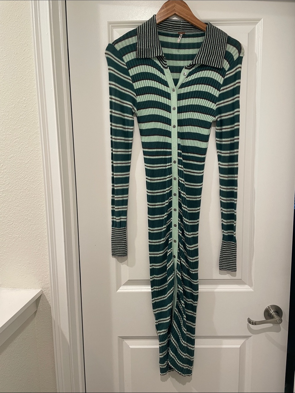 Free People Striped Long Sleeve Button-Front ribbed midi dress Xs